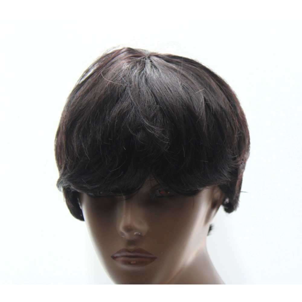 Short Pixie Cut Dark Brown Wig #2 Adjustable Mesh Cap Synthetic and Human Hair